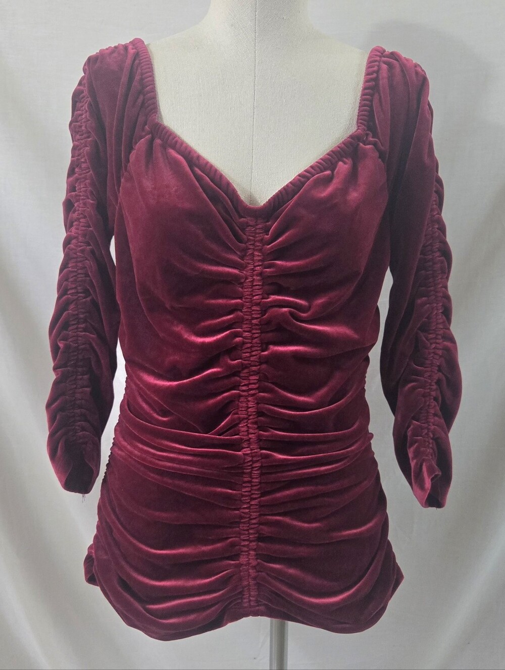 Venus Women's Cranberry Colored Velvety Long Sleeve Ruched Top Size Large